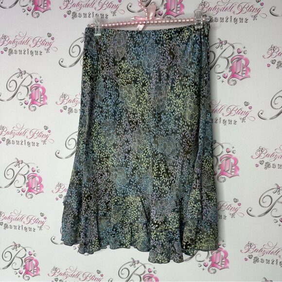 Blue ginger skirt blue green floral flower print ruffle frill hem bottom cute - Picture 2 of 8